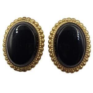 Whiting Davis Faux Black Onyx Clip Earrings Gold Tone MCM 1960s Oval Classic